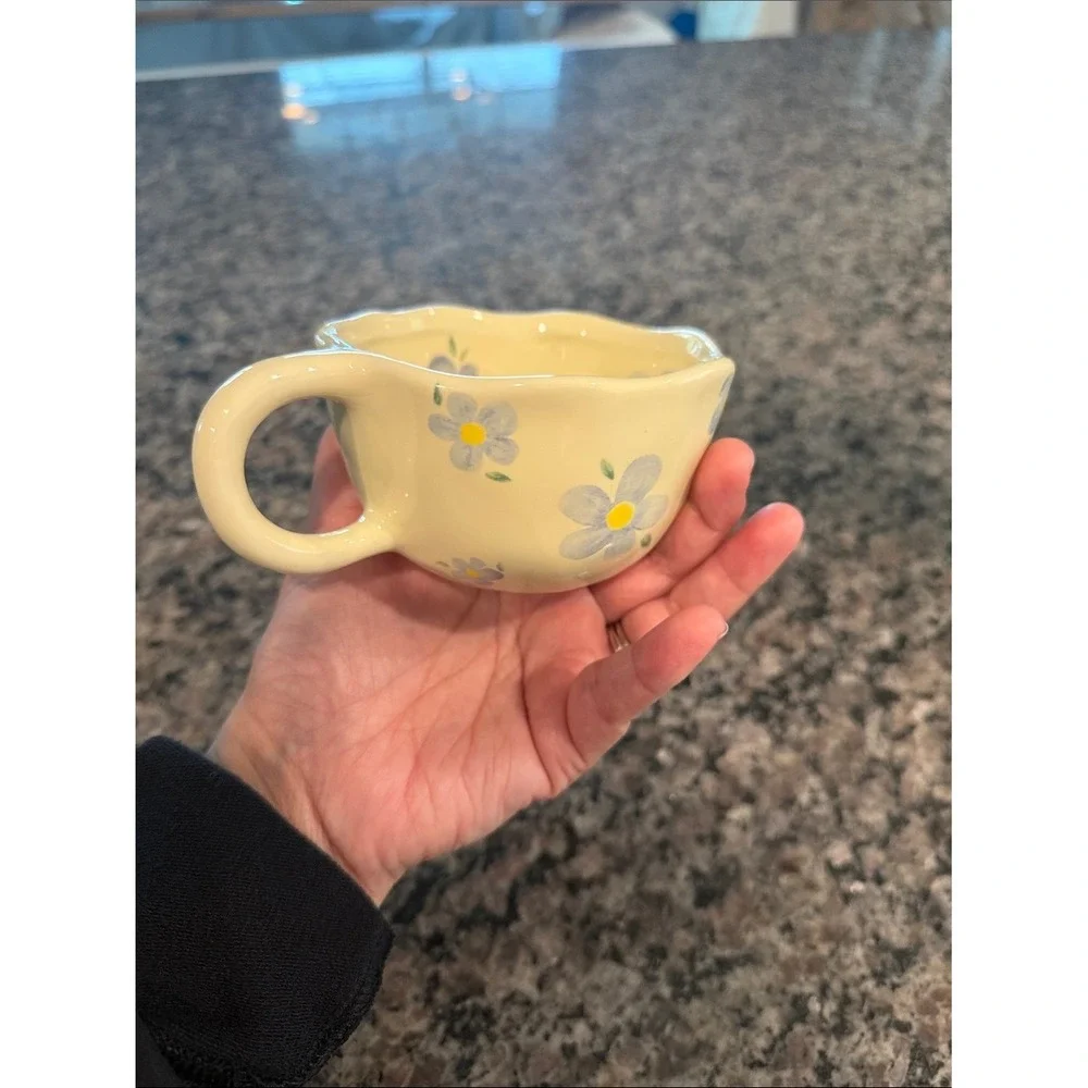 Hand-Painted Floral Ceramic Espresso Mug in Cream with Blue Flowers NWOT